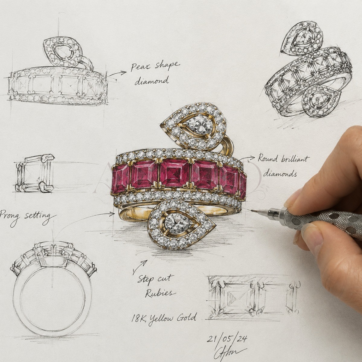 Hand sketch of the redesigned ring with pear-shaped diamonds and step-cut rubies