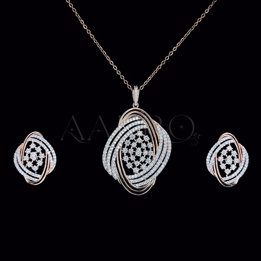 Rose gold interlocking pendant and earring set with pave lab-grown diamonds